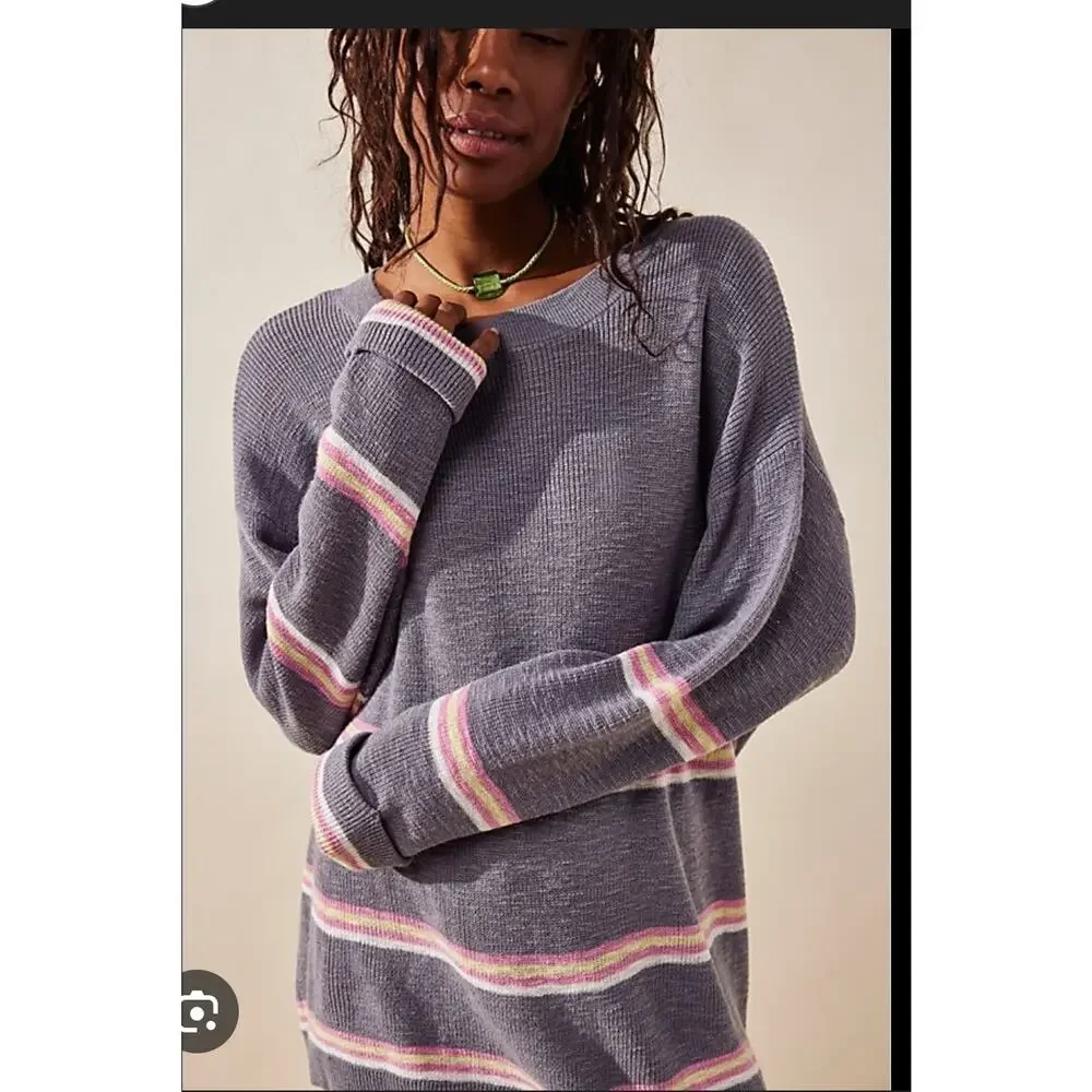 Free People Beach Mariner Striped Cotton Blend Sweater Small - Picture 2 of 12